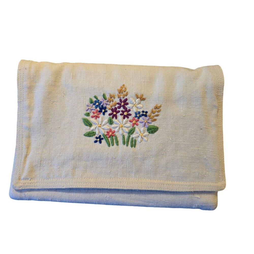 Vintage Embroidered Linen Clutch Bag With Floral Design